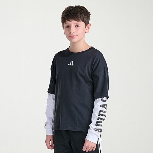 adidas Big Kid Boys Crew Neck Long Sleeve Regular Fit Graphic T-Shirt, M (10-12) Husky, Black
