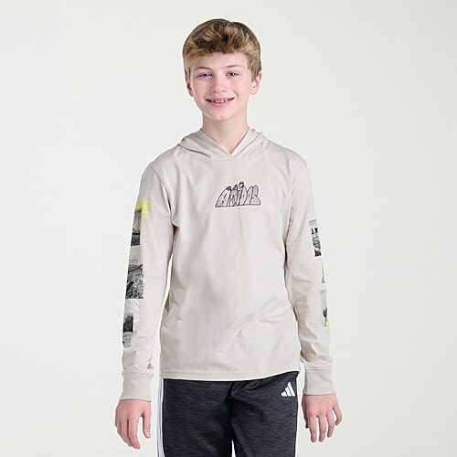 adidas Big Kid Boys Hooded Long Sleeve Regular Fit Graphic T-Shirt, Medium (10-12), Beige