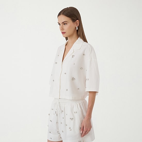 RM Rebecca Minkoff Womens Short Sleeve Boxy Fit Button-Down Shirt