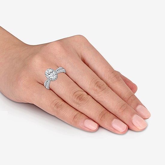 (I / Si2) Womens 2 1/2 CT. T.W. Lab Grown White Diamond Sterling Silver Oval Side Stone Halo Engagement Ring