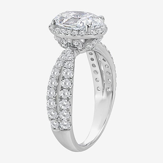 (I / Si2) Womens 2 1/2 CT. T.W. Lab Grown White Diamond Sterling Silver Oval Side Stone Halo Engagement Ring