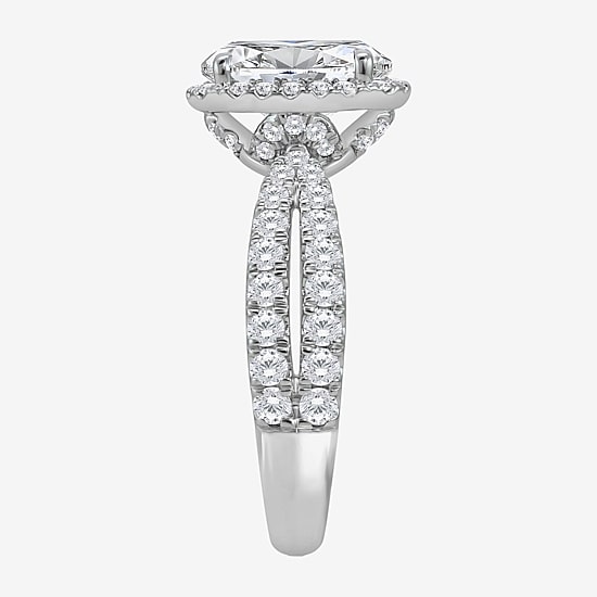 (I / Si2) Womens 2 1/2 CT. T.W. Lab Grown White Diamond Sterling Silver Oval Side Stone Halo Engagement Ring