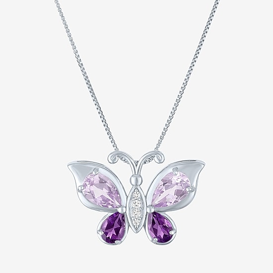 Womens Genuine Purple Amethyst Pure Silver Over Brass Butterfly 16 Inch Pendant Necklace