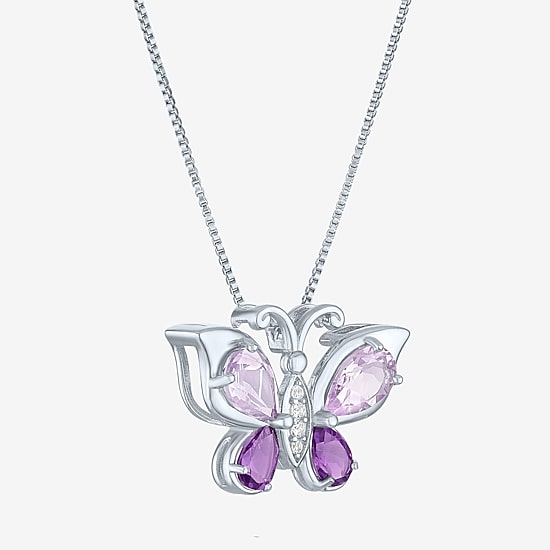Womens Genuine Purple Amethyst Pure Silver Over Brass Butterfly 16 Inch Pendant Necklace