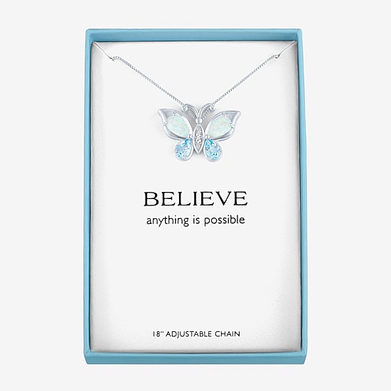 Womens Lab Created White Opal Pure Silver Over Brass Butterfly 16 Inch Pendant Necklace