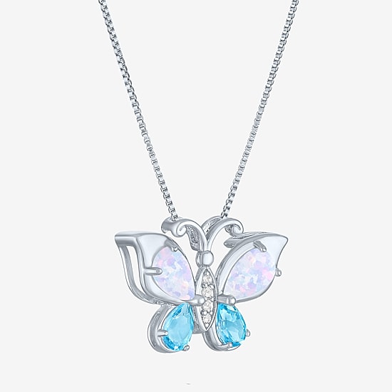 Womens Lab Created White Opal Pure Silver Over Brass Butterfly 16 Inch Pendant Necklace