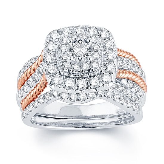 Womens 1 1/2 CT. T.W. Natural White Diamond 14K Two Tone Gold 14K White Gold Cushion Side Stone Halo Bridal Set