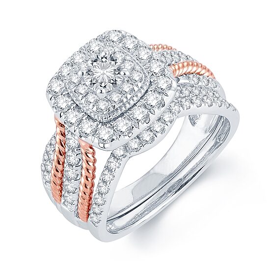 Womens 1 1/2 CT. T.W. Natural White Diamond 14K Two Tone Gold 14K White Gold Cushion Side Stone Halo Bridal Set