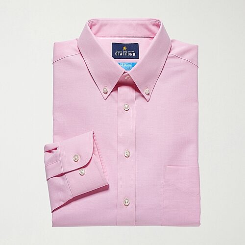 Stafford Coolmax All Season Ecomade Oxford Mens Regular Fit Stretch Fabric Wrinkle Free Long Sleeve Dress Shirt, 17-17.5 36-37, Pink