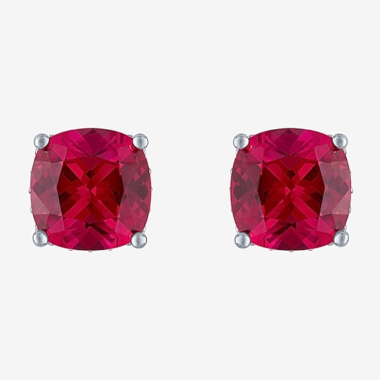 Lab Created Red Ruby Sterling Silver 7mm Cushion Stud Earrings