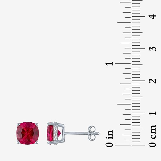 Lab Created Red Ruby Sterling Silver 7mm Cushion Stud Earrings