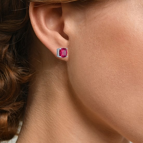 Lab Created Red Ruby Sterling Silver 7mm Cushion Stud Earrings