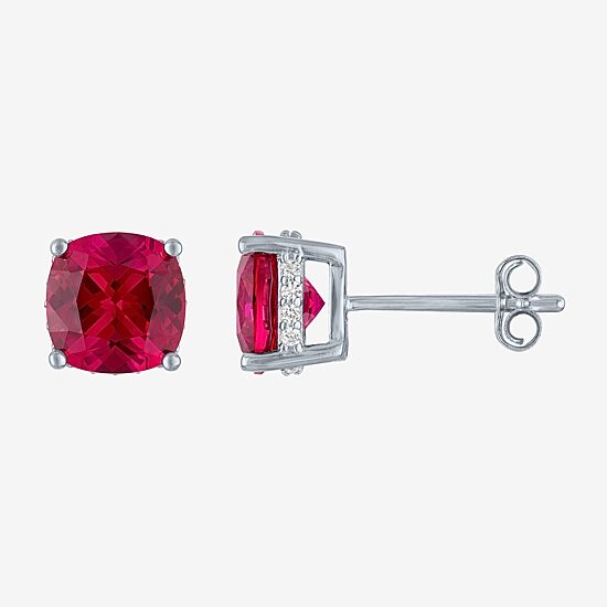 Lab Created Red Ruby Sterling Silver 7mm Cushion Stud Earrings