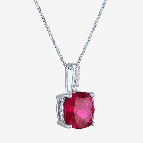 Womens Lab Created Red Ruby Sterling Silver Cushion 18 Inch Pendant Necklace