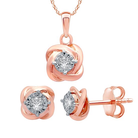 Womens 1/6 CT. T.W. Natural White Diamond 14K Rose Gold Over Silver Knot 2-pc. Jewelry Set