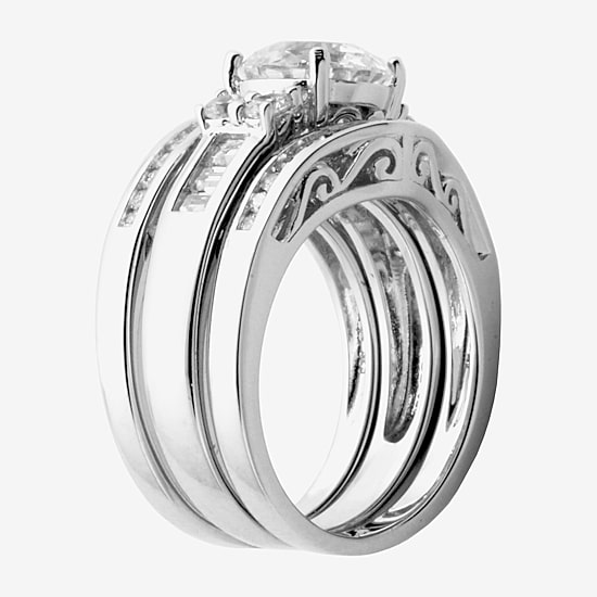 100 Facets by DiamonArt® Cubic Zirconia Sterling Silver 3-Ring Bridal Ring Set