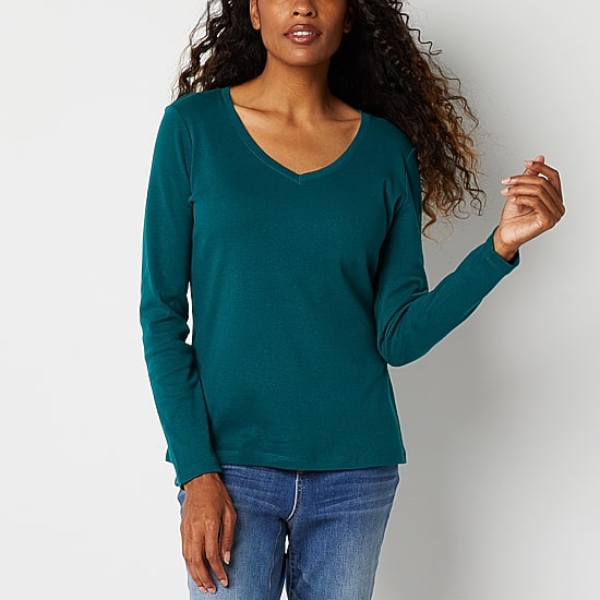 St. John's Bay Womens V Neck Long Sleeve T-Shirt
