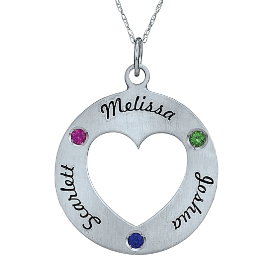 Personalized Simulated Birthstone Engraved Open Heart Pendant Necklace
