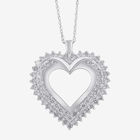 Womens 1 CT. T.W. Genuine White Diamond 10K White Gold Heart Pendant Necklace