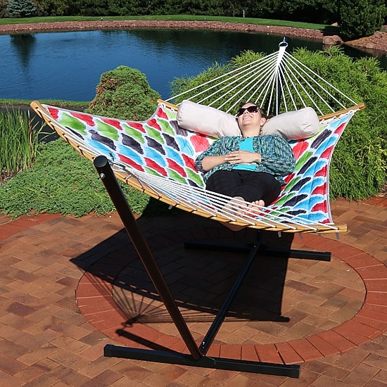 Sunnydaze Quilted Hammock with Curved Bamboo Spreader Bar and Pillow