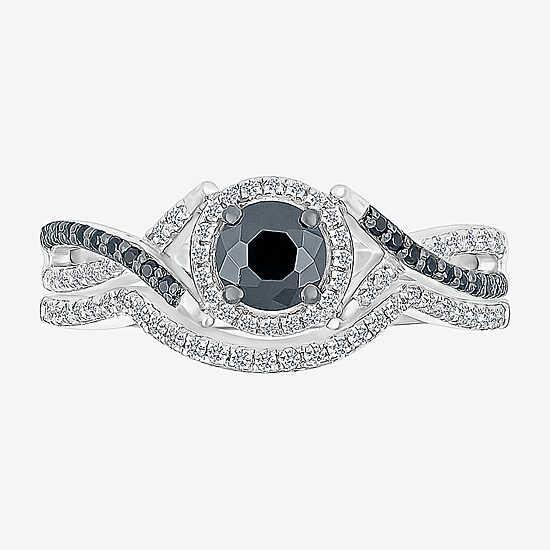 8.50mm Unisex Adult 1 CT. T.W. Natural Black Diamond 10K Gold Round Halo Side Stone Ring Set