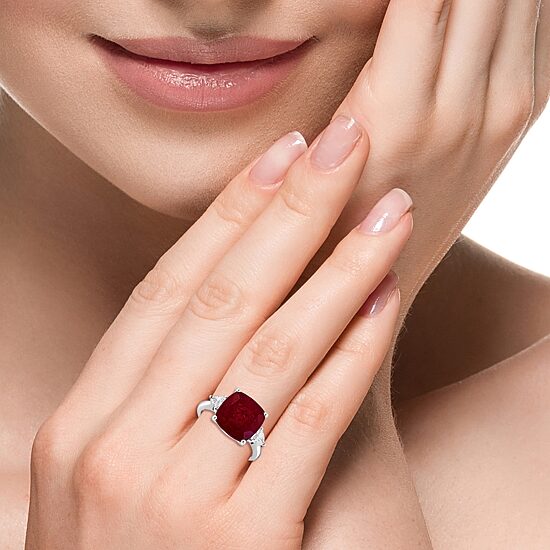 Effy Final Call  Womens Lab Created Red Ruby and 1/5 CT.T.W Lab Grown Diamond 14K White Gold Cushion Cocktail Ring
