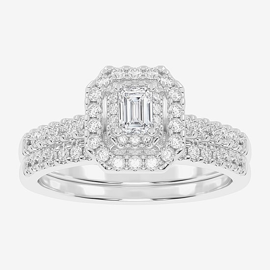 Womens 1/2 CT. T.W. Natural White Diamond 10K Gold Cushion Side Stone Halo Bridal Set