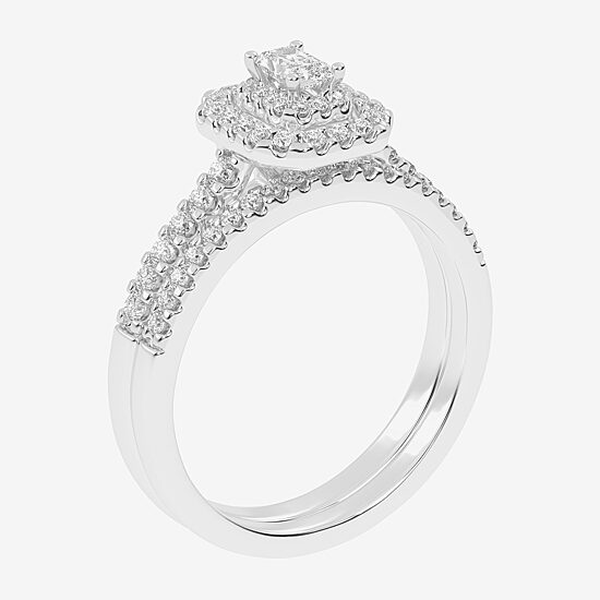 Womens 1/2 CT. T.W. Natural White Diamond 10K Gold Cushion Side Stone Halo Bridal Set