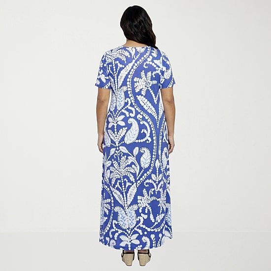 24seven Comfort Apparel Womens Plus Scoop Neck Short Sleeve Paisley A-Line Dress