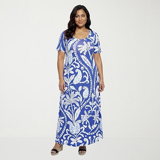 24seven Comfort Apparel Womens Plus Scoop Neck Short Sleeve Paisley A-Line Dress