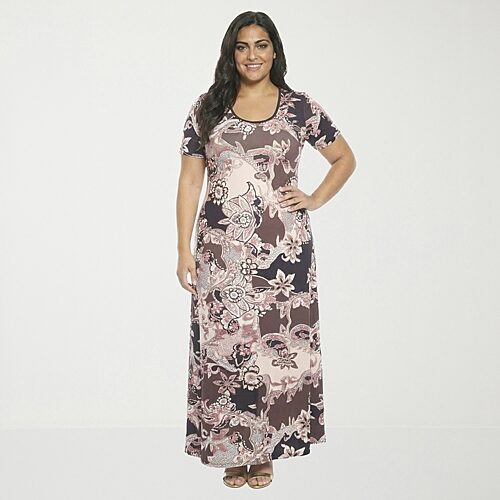24seven Comfort Apparel Womens Plus Scoop Neck Short Sleeve Paisley A-Line Dress, 1x, Brown
