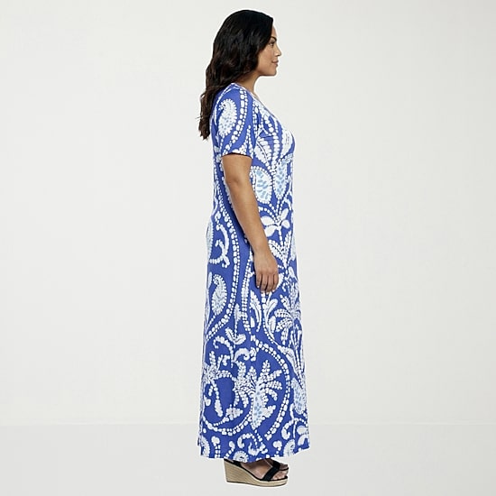 24seven Comfort Apparel Womens Plus Scoop Neck Short Sleeve Paisley A-Line Dress