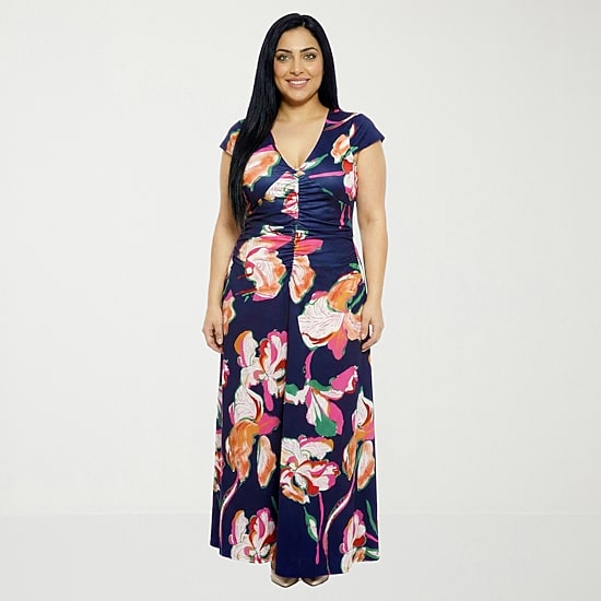 24seven Comfort Apparel Womens Plus Short Sleeve Floral Wrap Dress