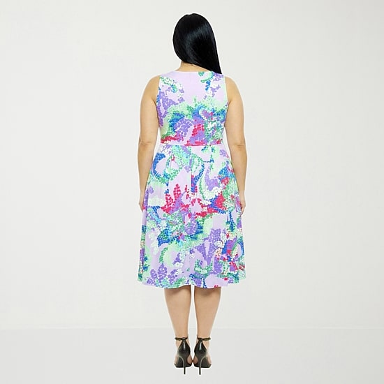 24seven Comfort Apparel Womens Plus Midi V Neck Sleeveless Abstract Fit + Flare Dress