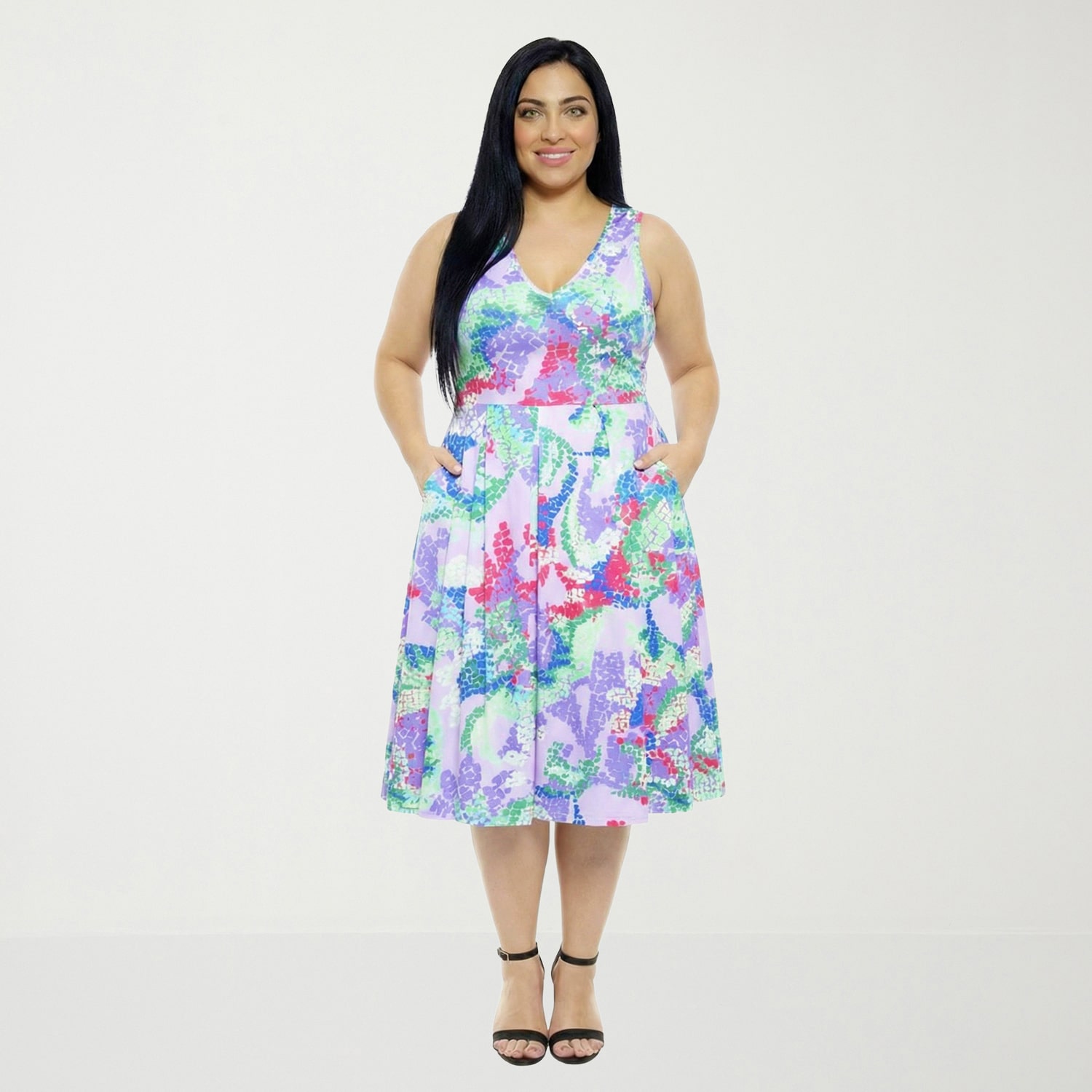 24seven Comfort Apparel Womens Plus Midi V Neck Sleeveless Abstract Fit + Flare Dress