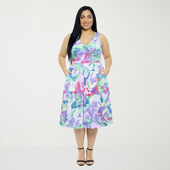 24seven Comfort Apparel Womens Plus Midi V Neck Sleeveless Abstract Fit + Flare Dress