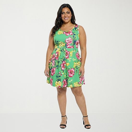 24seven Comfort Apparel Pleated Pocket Womens Plus Sleeveless Floral Skater Dress