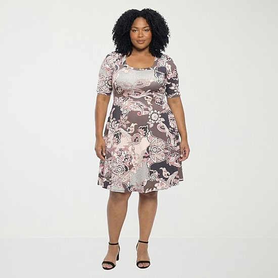 24seven Comfort Apparel Womens Plus Scoop Neck Elbow Sleeve Paisley A-Line Dress