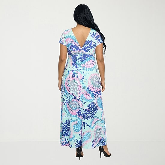 24seven Comfort Apparel Womens Plus V Neck Short Sleeve Maxi Dress