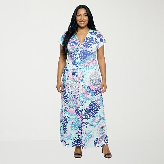 24seven Comfort Apparel Womens Plus V Neck Short Sleeve Maxi Dress