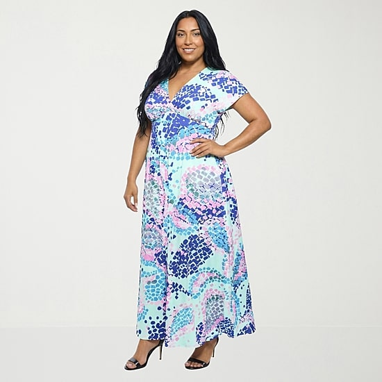 24seven Comfort Apparel Womens Plus V Neck Short Sleeve Maxi Dress