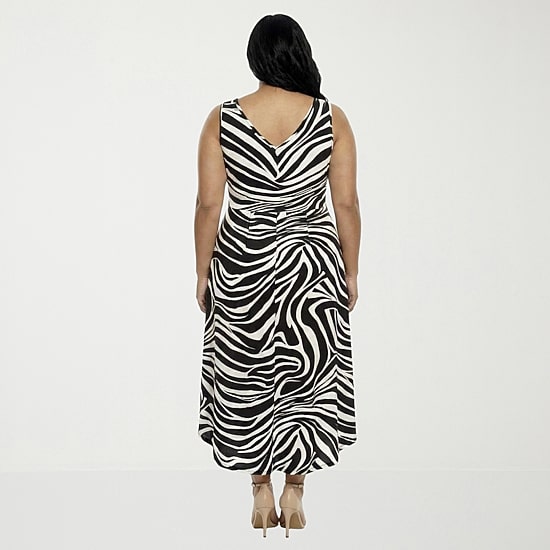 24seven Comfort Apparel High Low Womens Plus Midi V Neck Sleeveless Animal Fit + Flare Dress
