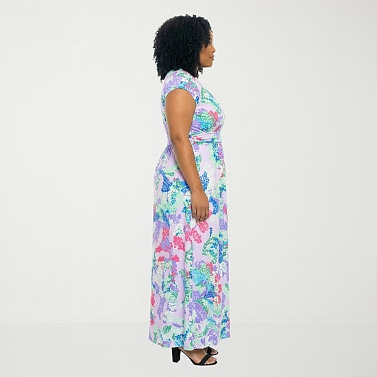 24seven Comfort Apparel Womens Plus V Neck Short Sleeve Maxi Dress
