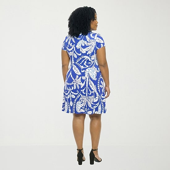 24seven Comfort Apparel Womens Plus V Neck Short Sleeve Paisley A-Line Dress