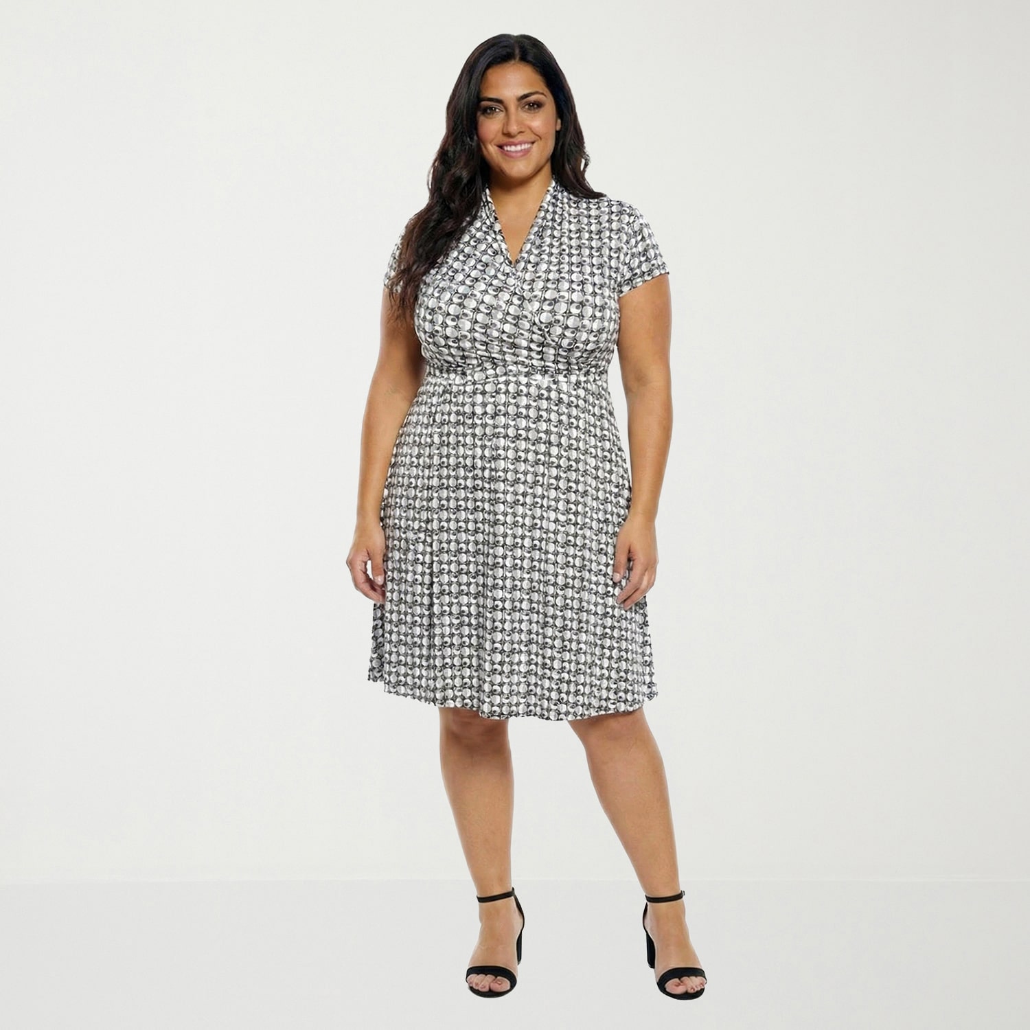 24seven Comfort Apparel Womens Plus V Neck Short Sleeve Geometric A-Line Dress
