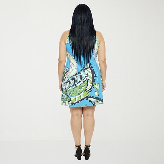 24seven Comfort Apparel Womens Plus Keyhole Neck Sleeveless Floral A-Line Dress