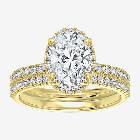 Signature By Modern Bride (F / Vs2) Womens 3 3/4 CT. T.W. Lab Grown White Diamond 10K Gold Oval Side Stone Halo Bridal Set