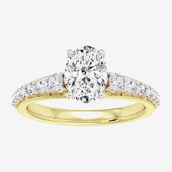 (F / Vs2) Womens 4 CT. T.W. Lab Grown White Diamond 10K Gold Oval Side Stone Engagement Ring