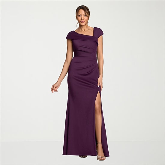 DJ Jaz Womens Asymmetrical Neck Short Sleeve Evening Gown