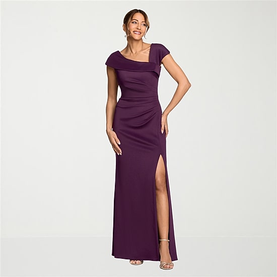 DJ Jaz Womens Asymmetrical Neck Short Sleeve Evening Gown
